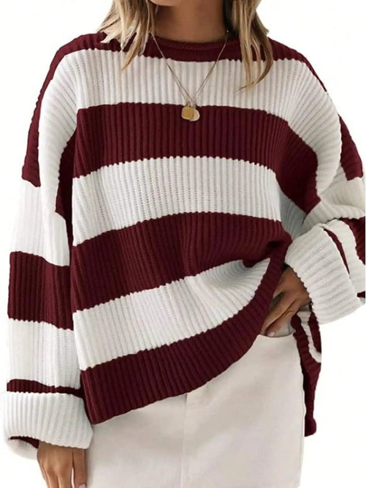 Caulonne | Women's Cozy Wide Stripe Chunky Knit Sweater — Wine