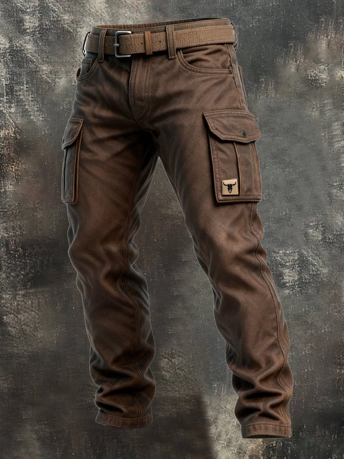 Tapered cargo trousers with side flap pockets on a plain background.