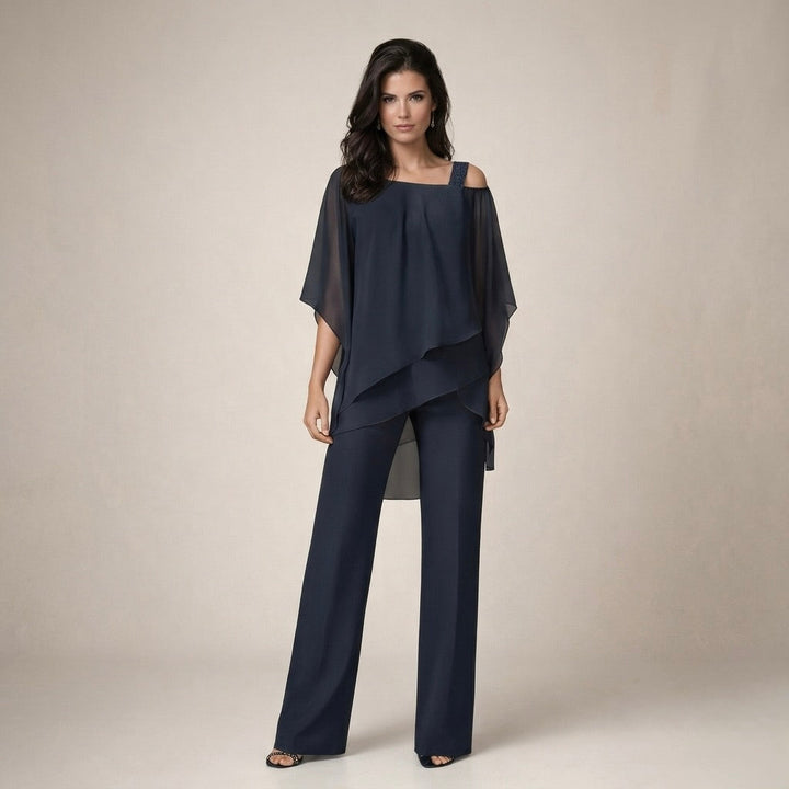 Cecilia | Women's Casual Stretch Off Shoulder Wide Leg Set Tops — Navy