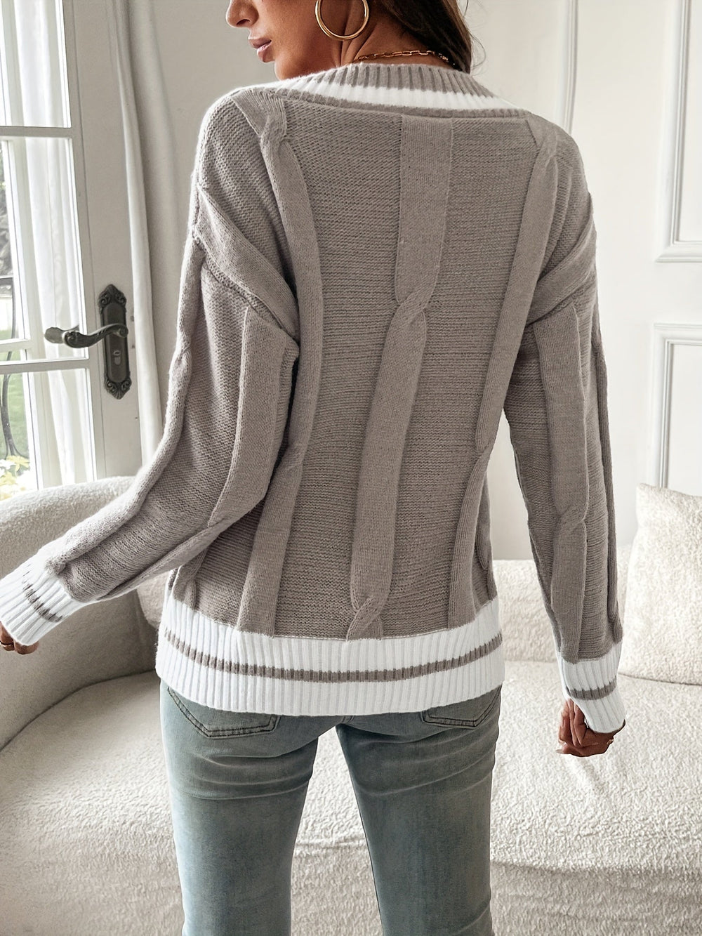 Celiaria | Women's Cozy Oversized Varsity V-Neck Sweater — 2