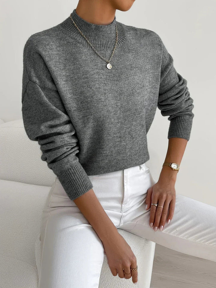 Celiawen | Women's Cozy Ribbed-Cuff Solid Crew-Neck Sweater — Dark Gray