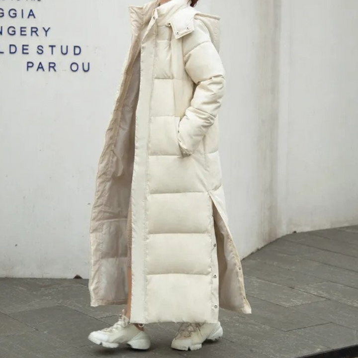Ciraina | Women's Long Hooded puff Coat – Quilted Cold Weather Jacket — Beige