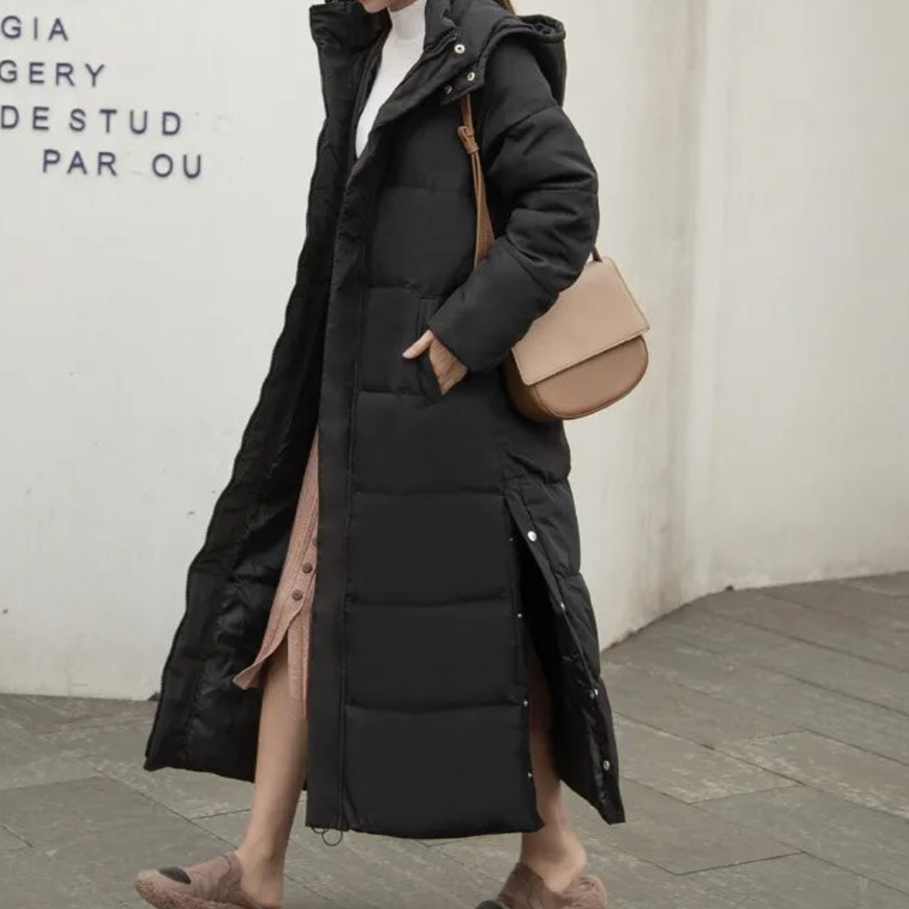 Ciraina | Women's Long Hooded puff Coat – Quilted Cold Weather Jacket — Black
