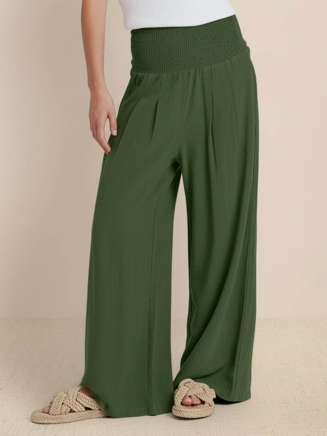 Ciramira | Women's Wide-Leg Wide Leg Pants High Waist Smocked Palazzo Trousers — Army Green