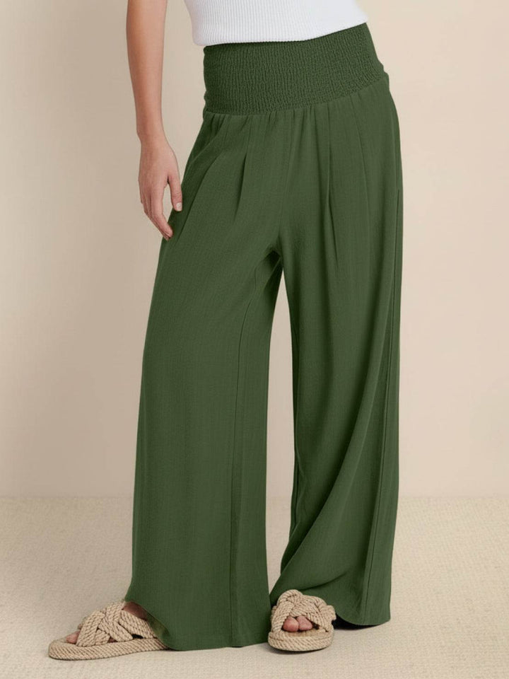 Ciramira | Women's Wide-Leg Wide Leg Pants High Waist Smocked Palazzo Trousers — Army Green