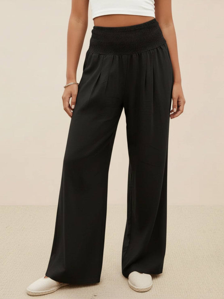 Ciramira | Women's Wide-Leg Wide Leg Pants High Waist Smocked Palazzo Trousers — Black