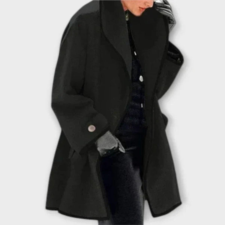Cirise | Women's Wide Lapel Coat with Contrast Trim Button Front — Black