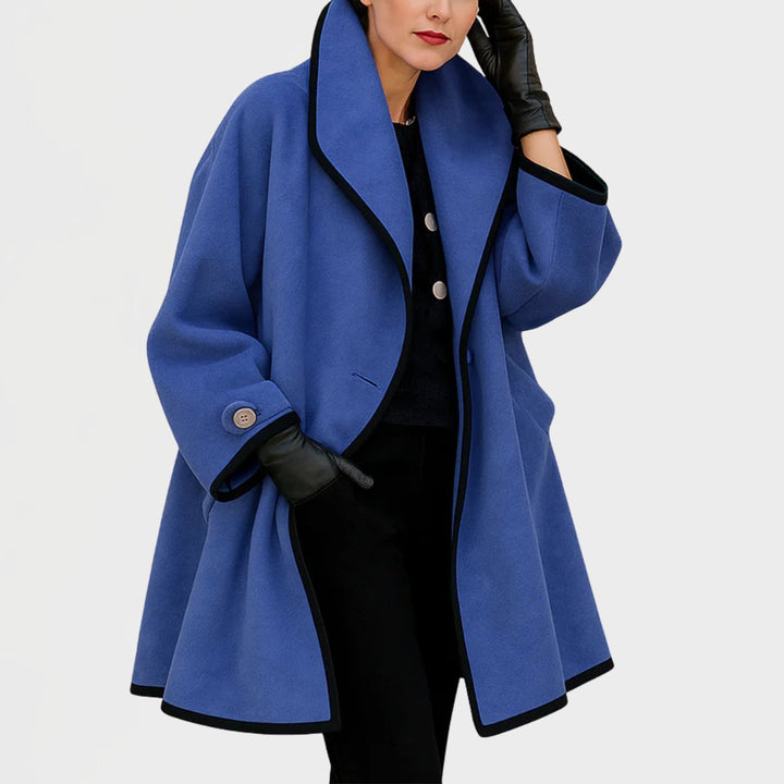 Cirise | Women's Wide Lapel Coat with Contrast Trim Button Front — Blue