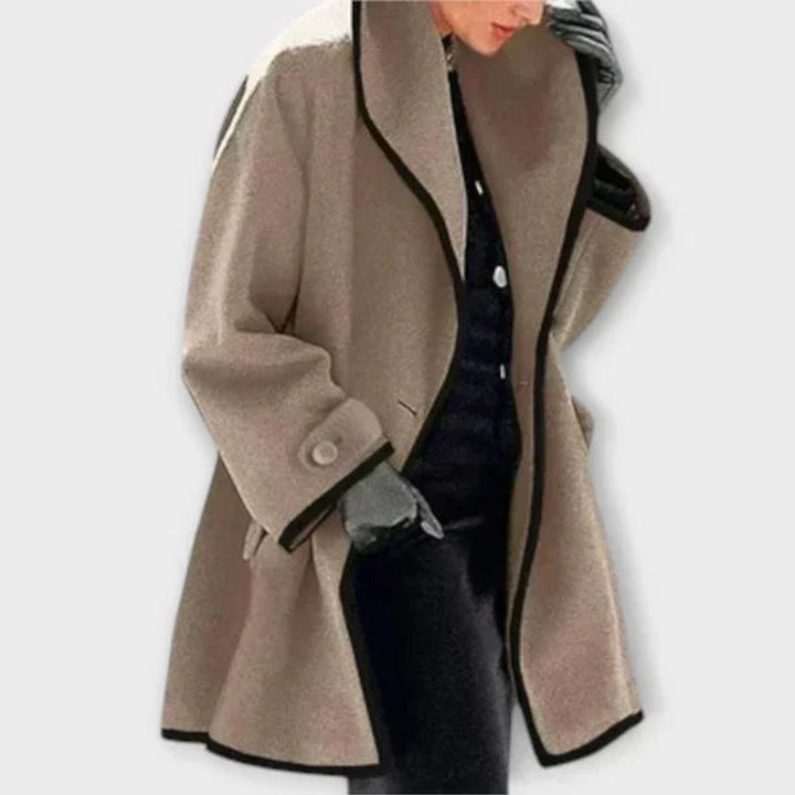 Cirise | Women's Wide Lapel Coat with Contrast Trim Button Front — Khaki