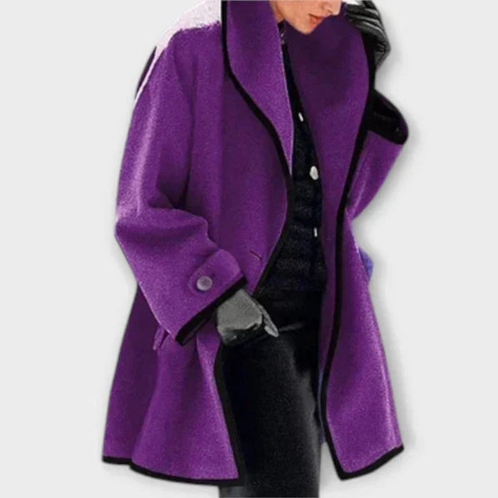 Cirise | Women's Wide Lapel Coat with Contrast Trim Button Front — Purple