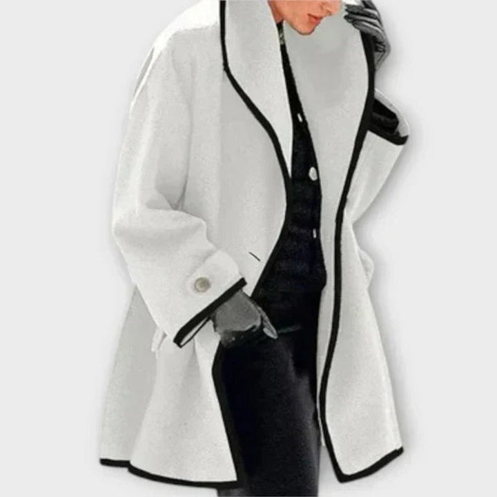 Cirise | Women's Wide Lapel Coat with Contrast Trim Button Front — White