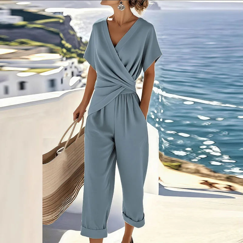 Claudia | Women's Wide-Leg Elegant ’s Casual Short Sleeve V Neck Jumpsuit — Blue