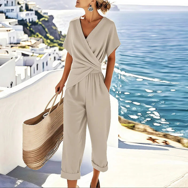 Claudia | Women's Wide-Leg Elegant ’s Casual Short Sleeve V Neck Jumpsuit — 1