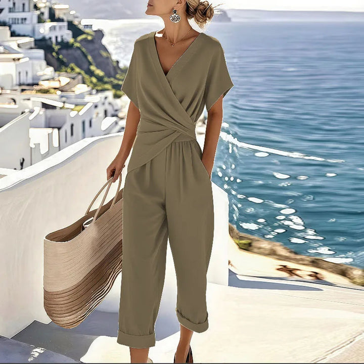 Claudia | Women's Wide-Leg Elegant ’s Casual Short Sleeve V Neck Jumpsuit — Khaki