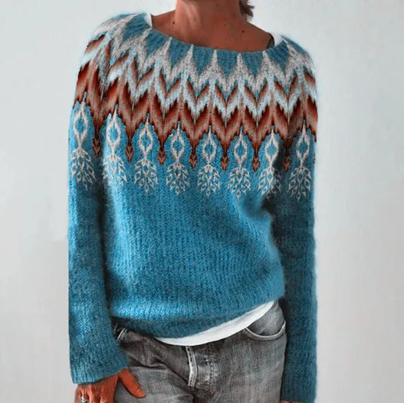 Clementina | Women's Knit Cozy Crew Neck Fair Isle Sweater for — Blue Feather