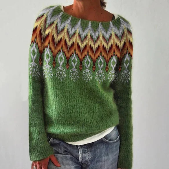 Clementina | Women's Knit Cozy Crew Neck Fair Isle Sweater for — Green Feather