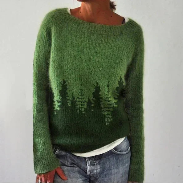 Clementina | Women's Knit Cozy Crew Neck Fair Isle Sweater for — Green Silhouette