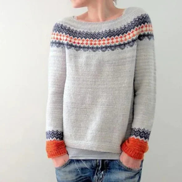 Clementina | Women's Knit Cozy Crew Neck Fair Isle Sweater for — Light Gray