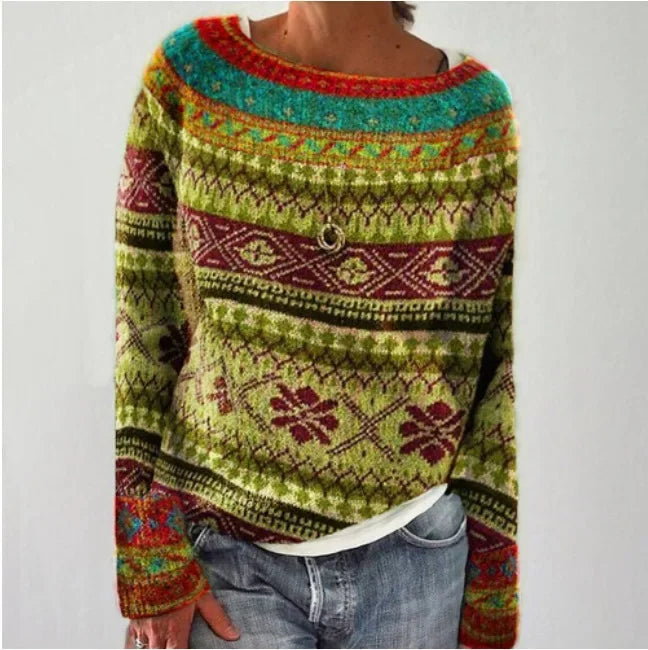 Clementina | Women's Knit Cozy Crew Neck Fair Isle Sweater for — Yellow Green