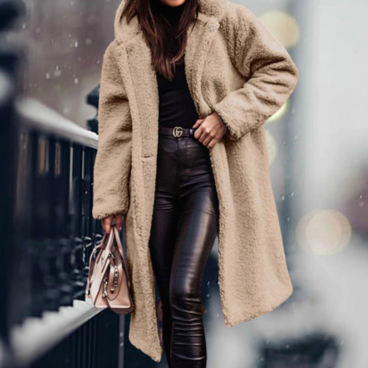 Clovelesse | Women's Long Teddy Bear Coat with Notch Lapels and Open Front — Apricot
