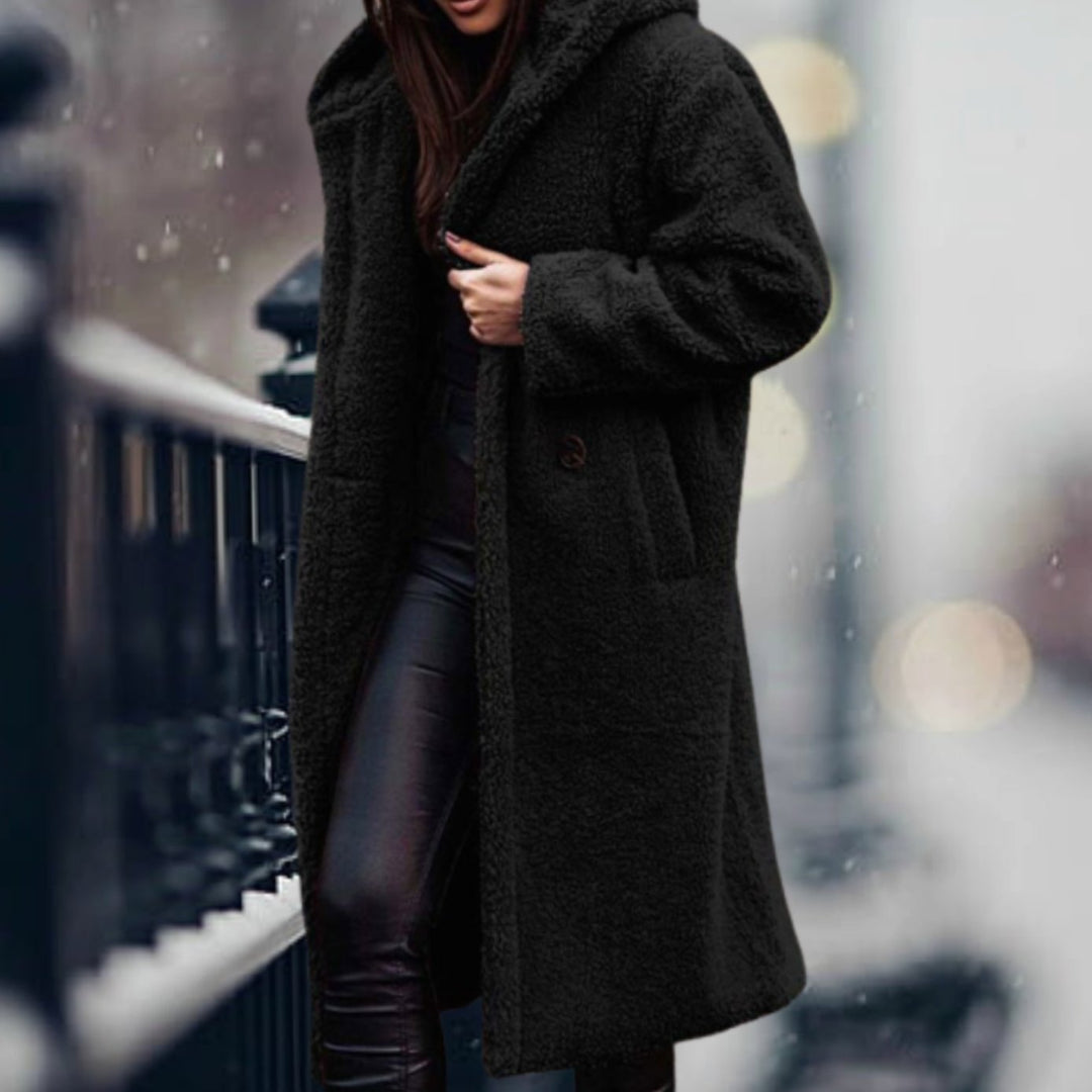 Clovelesse | Women's Long Teddy Bear Coat with Notch Lapels and Open Front — Black