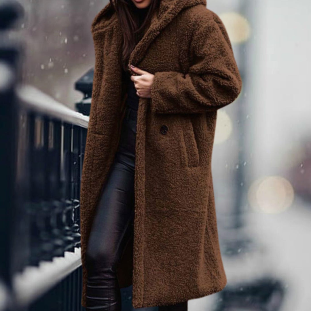 Clovelesse | Women's Long Teddy Bear Coat with Notch Lapels and Open Front — Brown