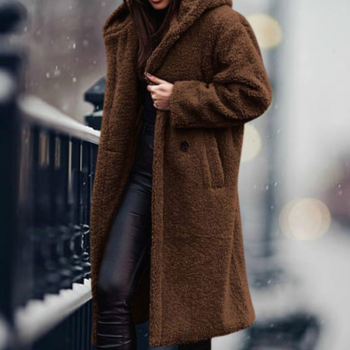 Clovelesse | Women's Long Teddy Bear Coat with Notch Lapels and Open Front — Brown