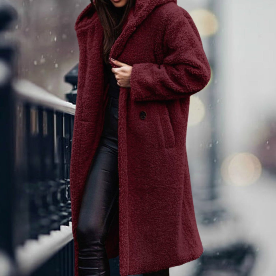 Clovelesse | Women's Long Teddy Bear Coat with Notch Lapels and Open Front — Burgundy