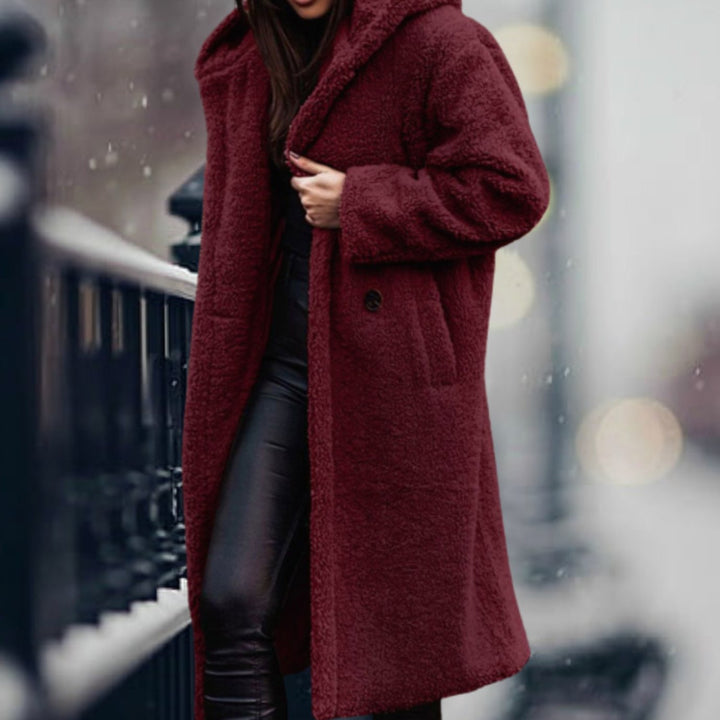 Clovelesse | Women's Long Teddy Bear Coat with Notch Lapels and Open Front — Burgundy