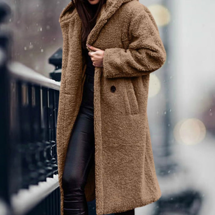 Clovelesse | Women's Long Teddy Bear Coat with Notch Lapels and Open Front — Camel-colored