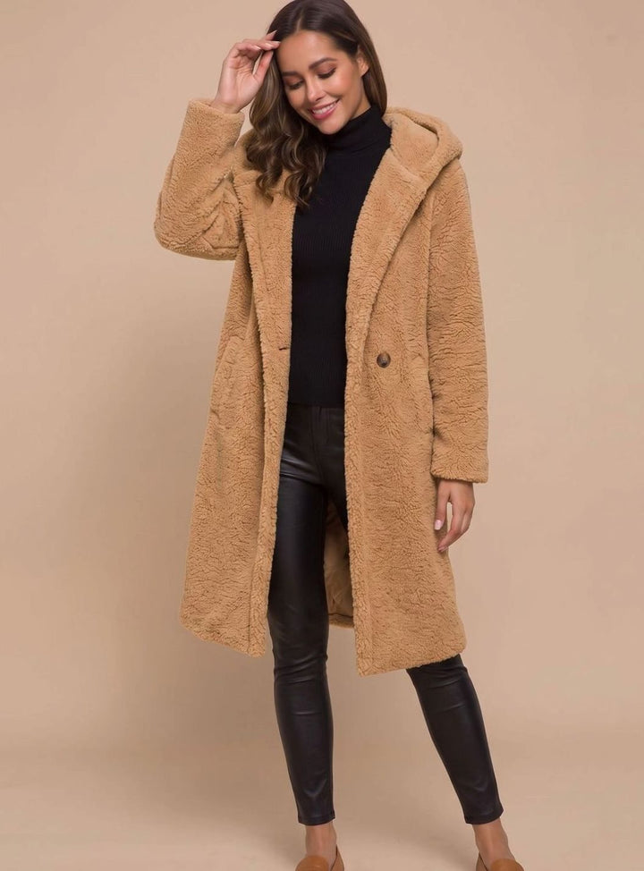 Clovelesse | Women's Long Teddy Bear Coat with Notch Lapels and Open Front — Caramel