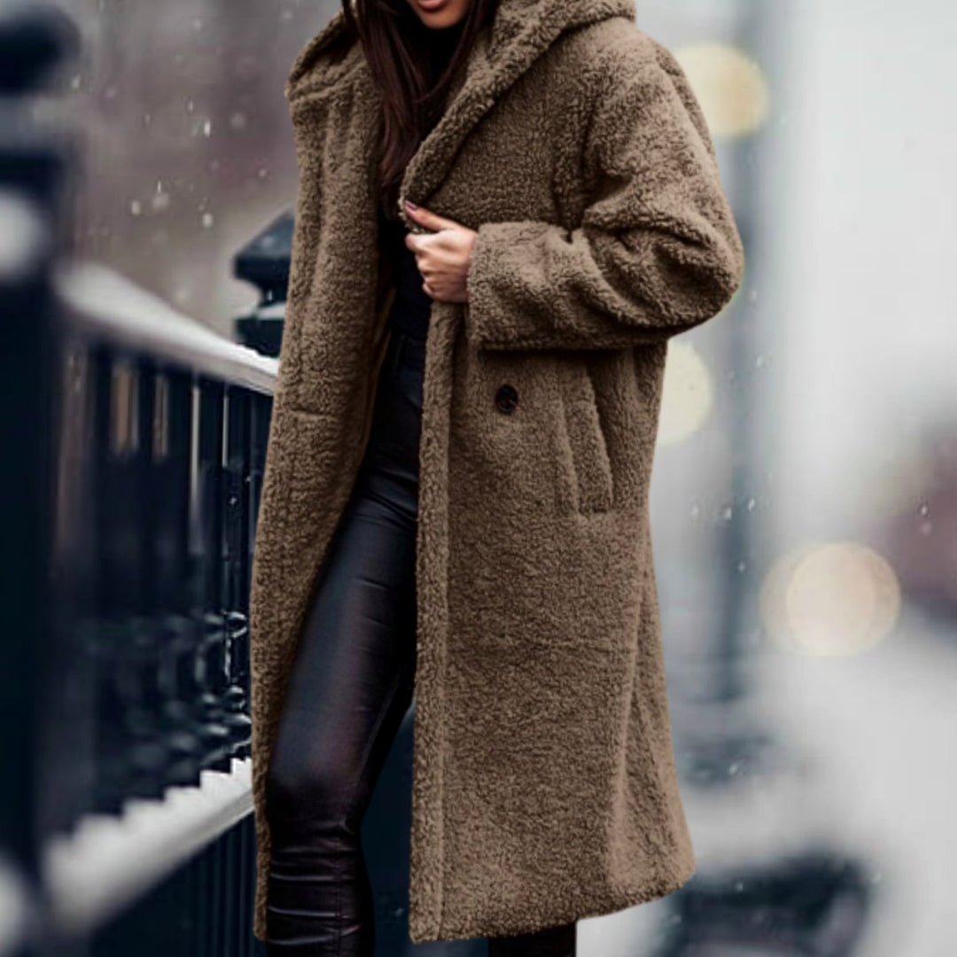 Clovelesse | Women's Long Teddy Bear Coat with Notch Lapels and Open Front — Khaki