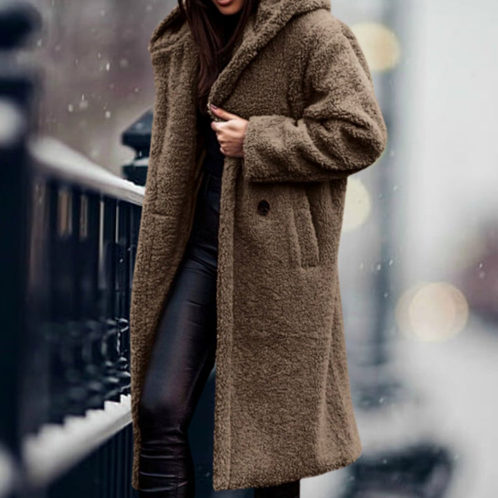 Clovelesse | Women's Long Teddy Bear Coat with Notch Lapels and Open Front — Khaki