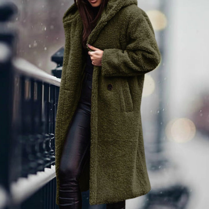 Clovelesse | Women's Long Teddy Bear Coat with Notch Lapels and Open Front — Military green