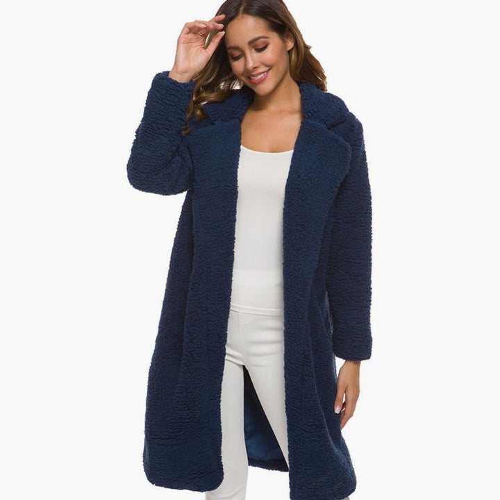 Clovelesse | Women's Long Teddy Bear Coat with Notch Lapels and Open Front — Navy blue