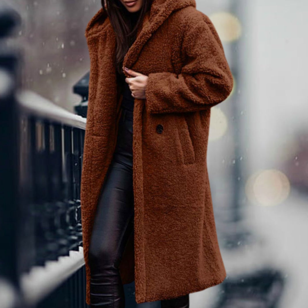 Clovelesse | Women's Long Teddy Bear Coat with Notch Lapels and Open Front — Reddish brown