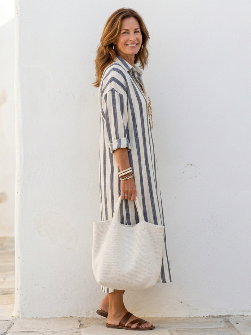Cora | Women's Wedding Guest Elegant Striped Midi Shirt Dress Dresses — 2