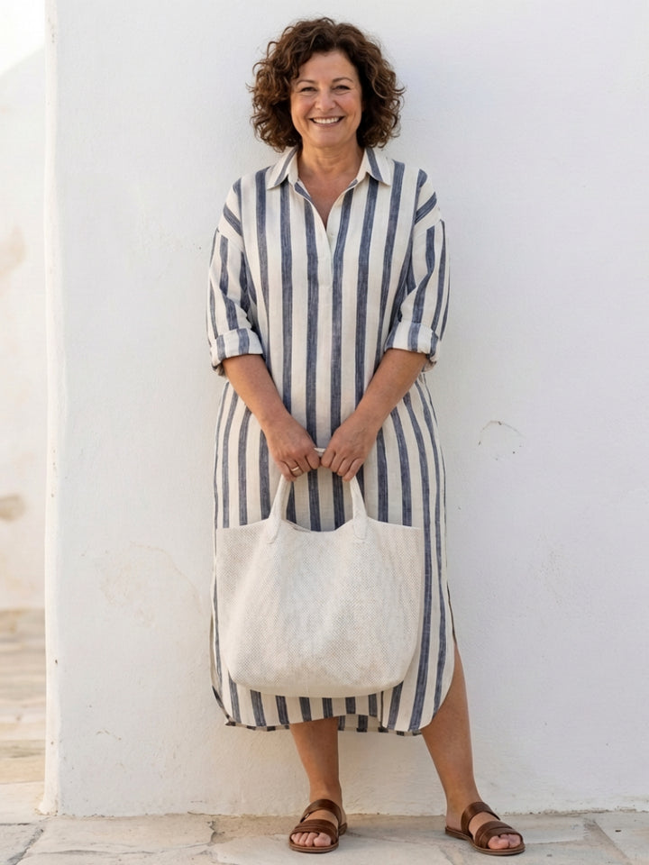 Cora | Women's Wedding Guest Elegant Striped Midi Shirt Dress Dresses — 3