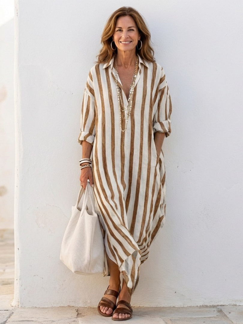 Cora | Women's Wedding Guest Elegant Striped Midi Shirt Dress Dresses — Brown