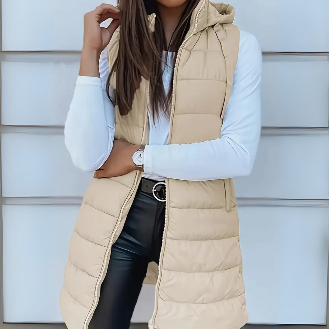 Corvalesse | Women's Longline Hooded Puffer Vest — Beige