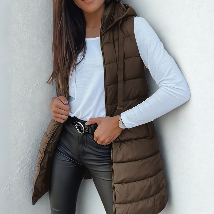 Corvalesse | Women's Longline Hooded Puffer Vest — Brown