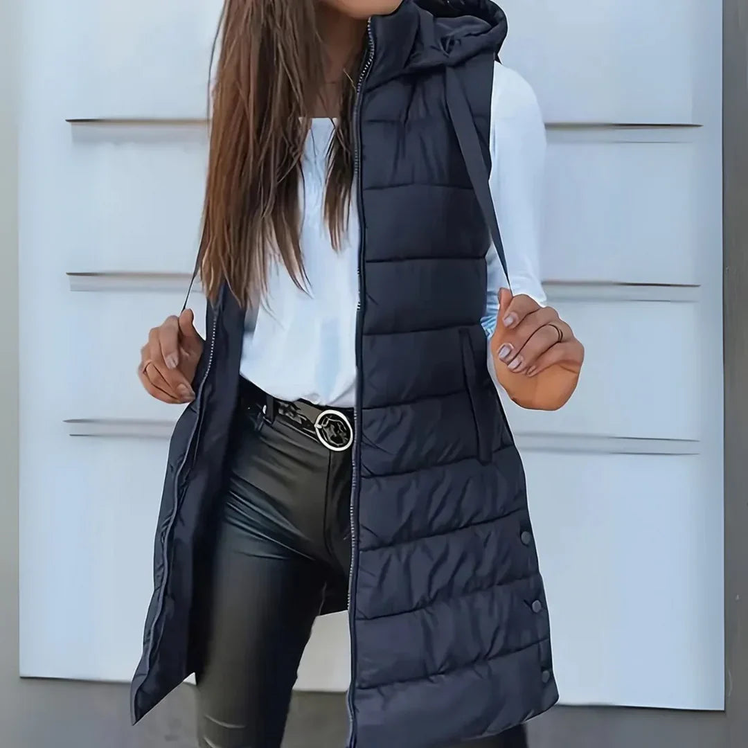 Corvalesse | Women's Longline Hooded Puffer Vest — Navy Blue