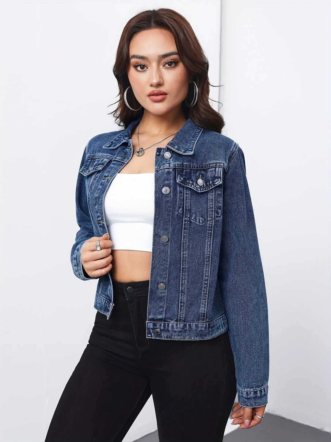 Corvaleth | Women's Cropped Denim Jacket with Button Front — 2