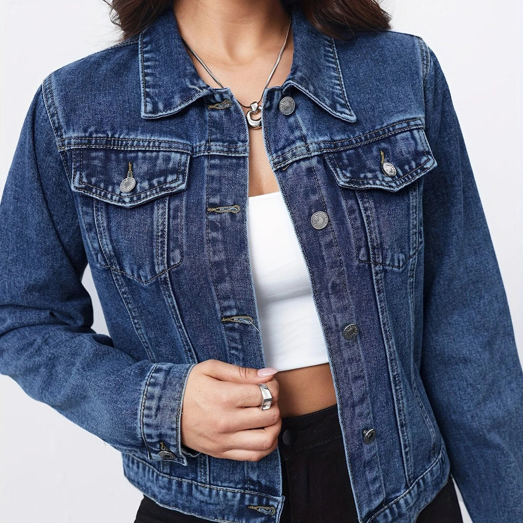 Corvaleth | Women's Cropped Denim Jacket with Button Front — Medium Blue