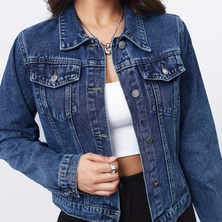Corvaleth | Women's Cropped Denim Jacket with Button Front — Medium Blue