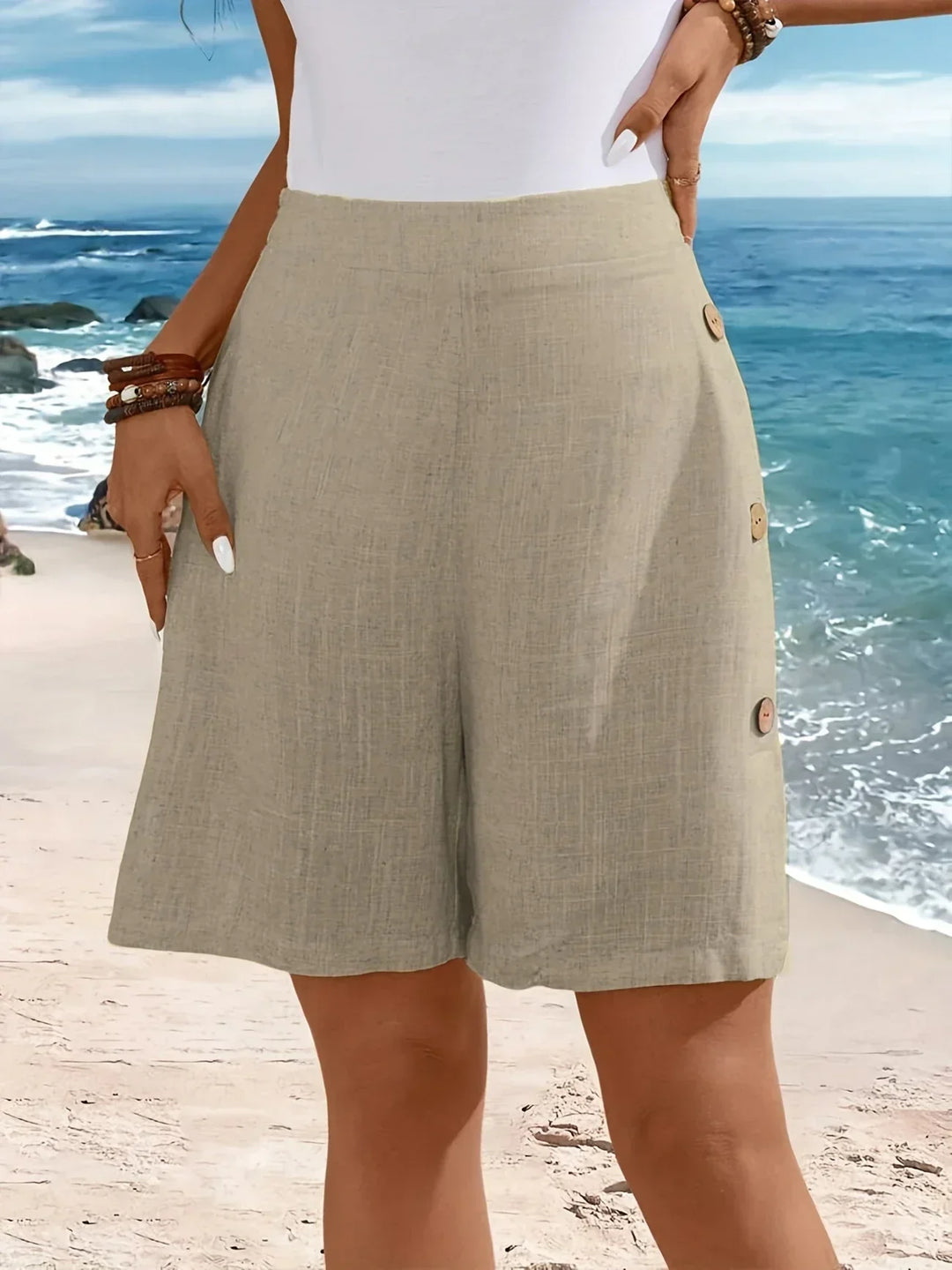 Women’s everyday button-detail shorts shown on a plain background.