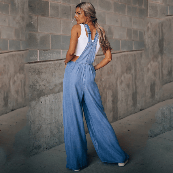 Wide-leg denim dungaree outfit shown on a clean plain background.
