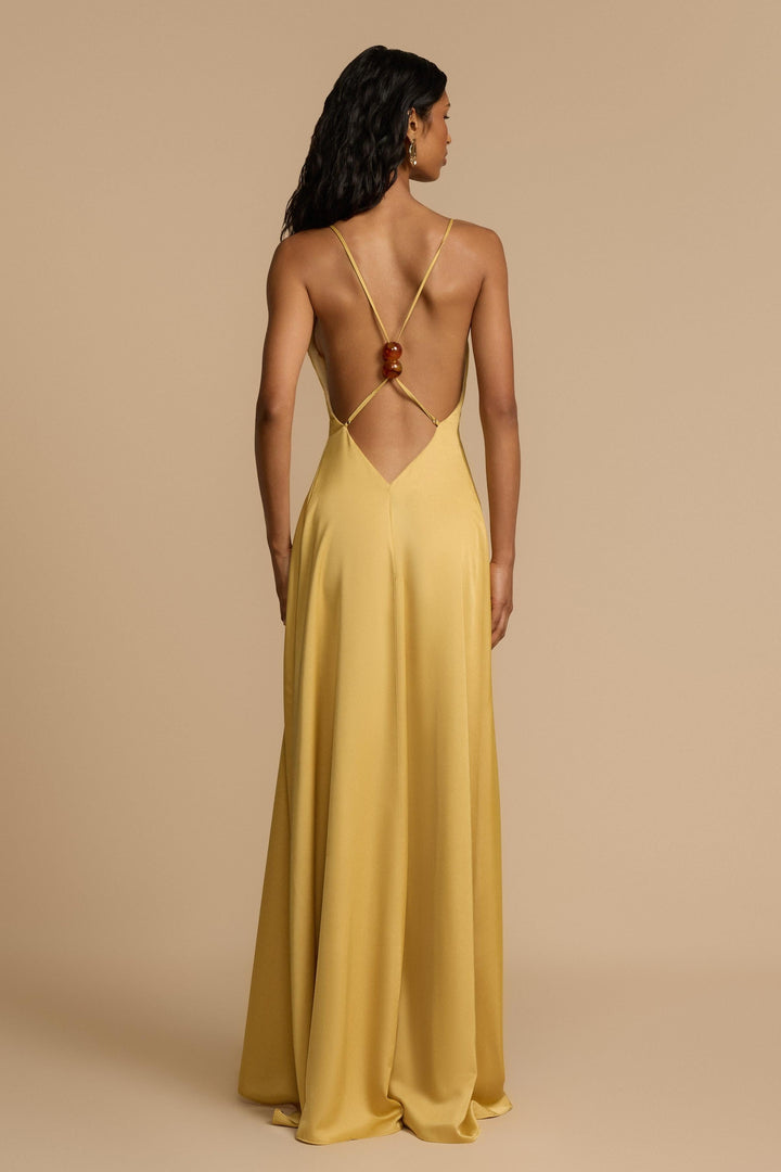 Dahlelle — Backless Beaded V-Neck Satin Maxi