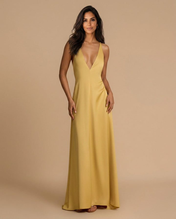 Dahlelle — Backless Beaded V-Neck Satin Maxi