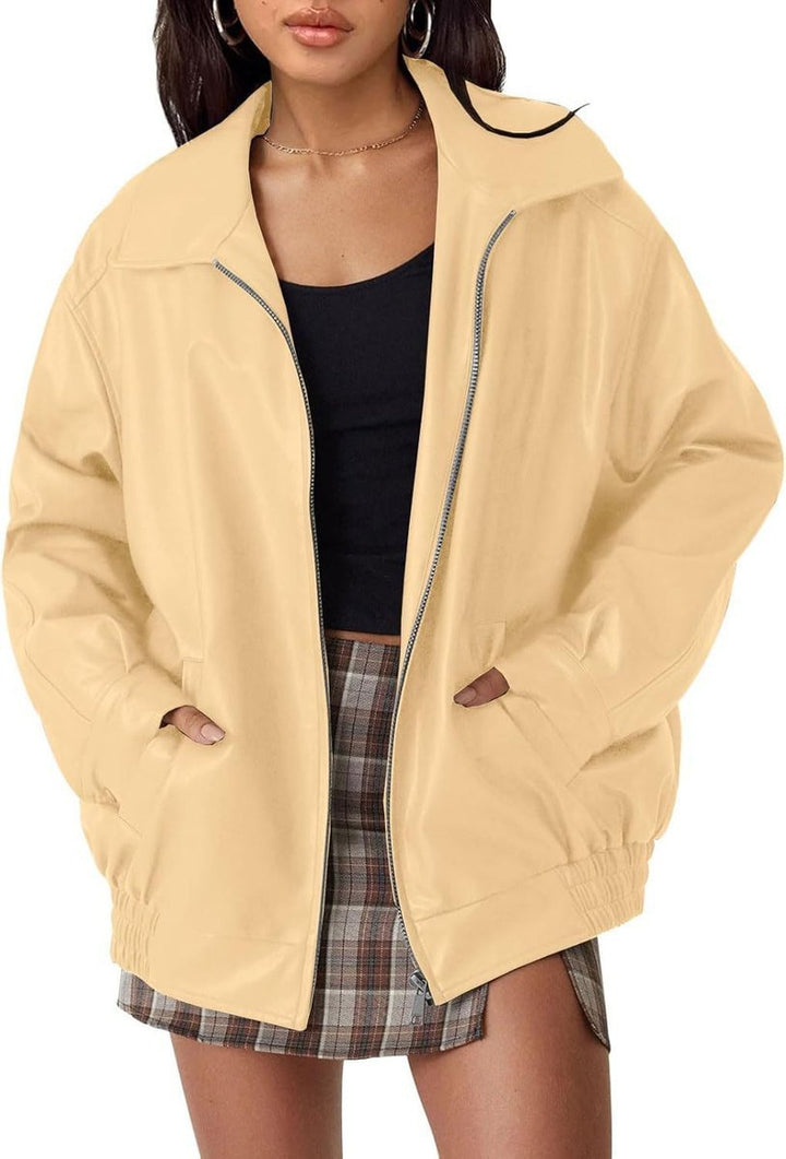 Dahlthea | Women's Casual Stretch Chic and Oversized Leather Jacket Top — Apricot